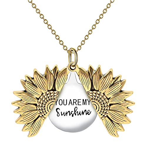 SLOONG You Are My Sunshine Engraved Necklace Inspirational Sunflower Locket Necklace Jewelry Mother's Day Gift for Women Girlfriend