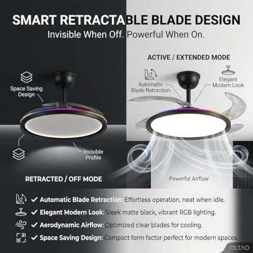 Image of oltao Zyro UltraSlim Retractable Ceiling Fan with RGB Ceiling Glow & 3-Color LED Panel Light, Summer /Winter Mode, Remote Control, 42 Inch Sweep (2026 Model) (Black Aura Glow, 42 inches)