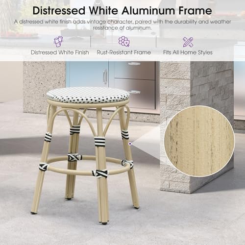 Image of PURPLE LEAF Patio French Round Counter Stool Set of 2 Backless 26 inch Large Seat White Print Aluminum Frame Barstools with Handwoven Rattan Wicker for Outdoor Kitchen Cafe White and Black
