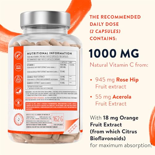 High Strength Natural Vitamin C Capsules 1000mg - 180 Vitamin C Tablets - Acerola Fruit Extract - with Citrus Bioflavonoids and Rosehip - VIT C Supports Immune Function- 3 Months Supply - 100% Vegan - Image 5