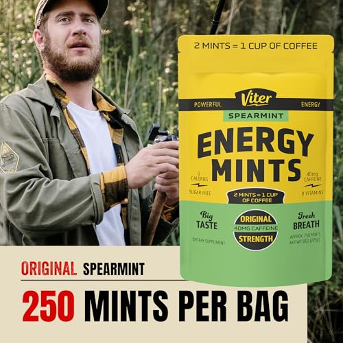 Image of Viter Energy 40mg Caffeine Mints - Sugar Free, B Vitamins, Vegan, Boosts Fast Energized Alert Focus, Caffeinated Nootropic Supplement Pills (Spearmint Flavor, 8oz, Bulk Bag)