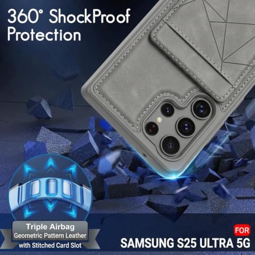Image of amazon basics Premium Vegan Leather Back Cover with Card Holder and Integrated Mobile Stand for Samsung Galaxy S25 Ultra 5G - Slim Shockproof Wallet Case with Geometric Stitching [Gray]