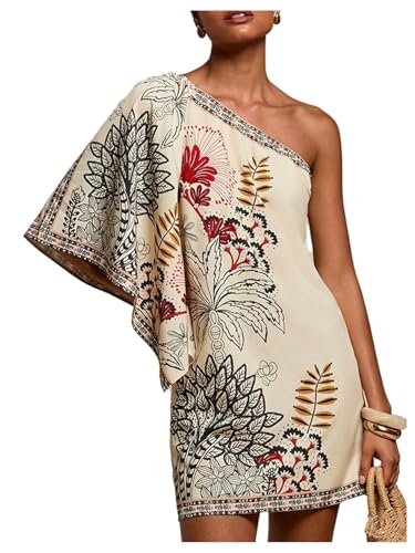 Floerns Women's Floral One Shoulder Mini Dress Dolman Sleeve Vacation Tunic Dresses Apricot Small