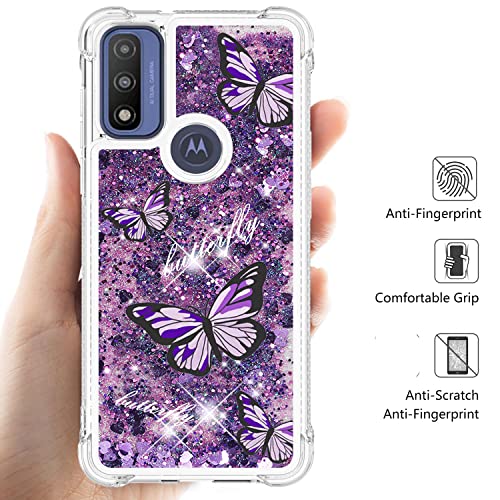 Caiyunl For Moto G Pure Case, Moto G Power 2022 Case With Glass Screen Protector, Women Girls Glitter Bling Floating Liquid Sparkle Cute Soft Tpu Protective Phone For Motorola G Pure -Purple Butterfly #TOP3
