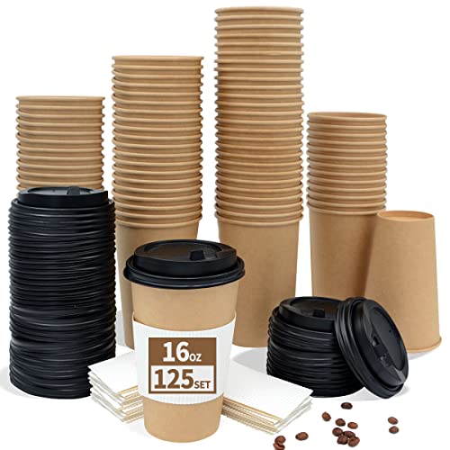 AiChef 125 Pack 16 oz Disposable Coffee Cup with Lid and Sleeve, Kraft Brown Paper Cup with Black Lid and White Ripple Sleeve (125 Cups 125 Lids 125 Sleeves)