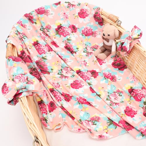 Image of DRESHOW BQUBO Baby Girl Newborn Floral Receiving Blankets with Bow Hat Headband Wooden Birth Announcement Card Set Newborn Baby Swaddling Hats Swaddle Blanket Toddler Warm Shower Gift