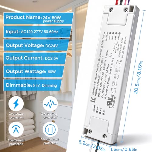 Image of 24V 60W Dimmable LED Driver, 5-in-1 Constant Voltage Triac /ELV /MLV /0-10V /1-10V /PWM /V-R Dimming AC to DC Power Supply,ETL Listed LED Transformer, UL Listed, Compatible with Leviton Dimmer