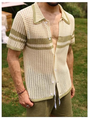 Verdusa Men's Hollow Out Knitted Button Down Short Sleeve Cardigan Sweater4