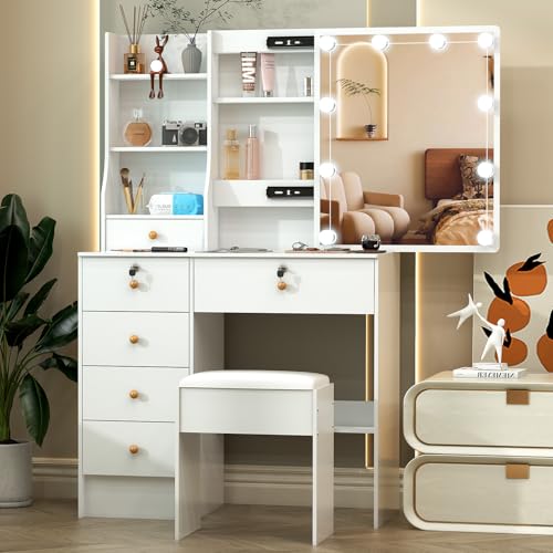 Saimeihome Tavolo da toeletta con illuminazione a LED e sgabello, dimmerabile, con 6 cassetti + 6 ripiani, 80 x 36 x 130 cm, tavolo da trucco con specchio scorrevole per camera da letto, cameretta dei