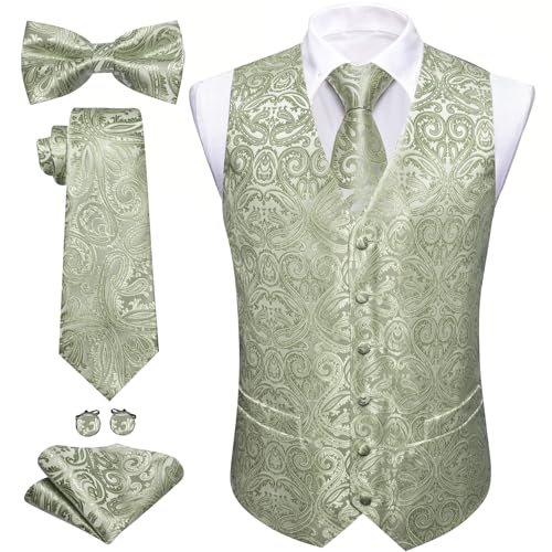 Image of Barry.Wang Men's Suit Vest Tie Bowtie Set Formal Silk Paisley Waistcoat Hanky Cufflinks Lapel Pin Set Wedding Party 7PCS