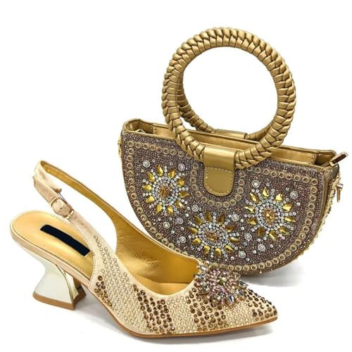 Womens Gold Italian Evening Shoes and Bag Set Rhinestone Wedding Party Pumps Luxury Bridal Satin Clutch Purse Bag2