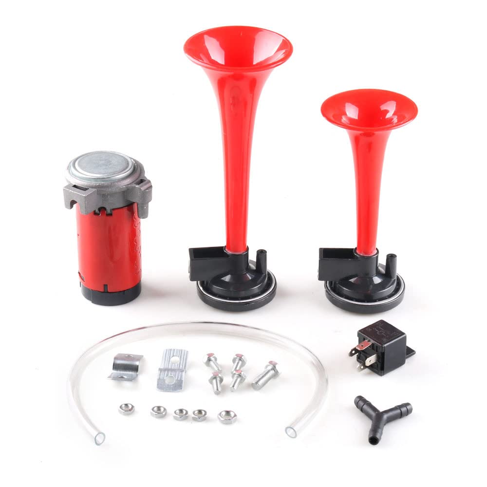 Bocina Coche,Claxon Coche Universal 115dB BRURICO ROURO Air Horn 12V 450 Hertz Dual Trompeta para camión Bote Air Horn(Red)
