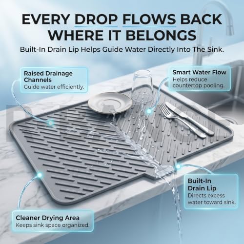Image of Medium Silicone Dish Drying Mat for Kitchen Counter - 40x30 cm | Hygienic drying pad with built-in drain lip. Sturdy, compact & easy to clean grey tray. Protects surfaces from water build-up