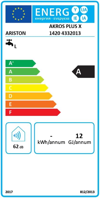 Energy label for Ariston Akros Plus 14L GN water heater, showing Class A efficiency and 62 dB noise level