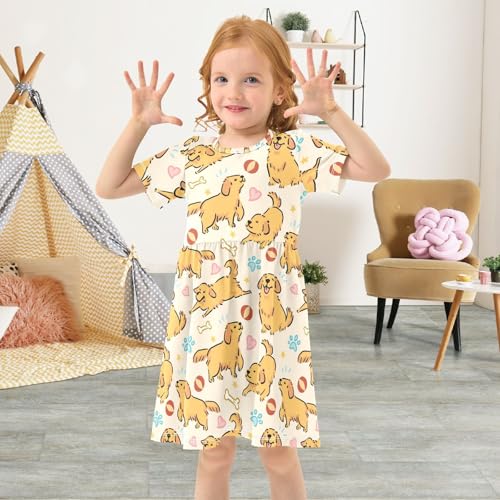 Cute Golden Retriever Yellow Pattern Summer Girls Short Sleeve Dress Casual Dresses Beach Sundress for 2-8 Years4