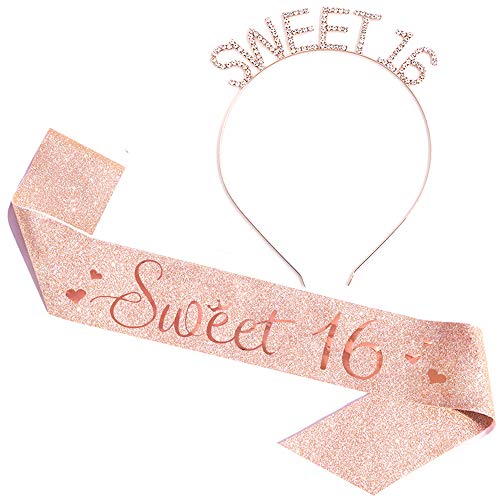 Sweet 16 Sash & Rhinestone Headband Set - Rose Gold Glitter Birthday Sash 16th Birthday Gifts Birthday Party Supplies