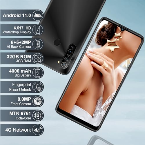 EL X70 Android 11 Smartphone ohne Vertrag Günstig, 6,52 Zoll HD+ Display 4000mAh, 8M Kamera, 3GB + 32GB ROM, Dual Simlockfreie Handys Fingerabdruck/Type-C/GPS-Schwarz – Bild 3