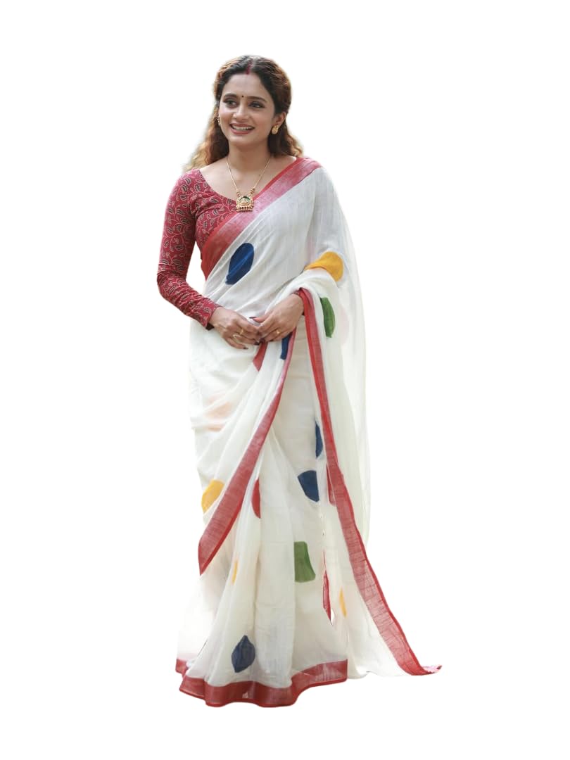 Off-White Linen Saree with Red Border, Multicolour Polka Dot Print, Soft Lightweight Ethnic Wear for Women-image-42