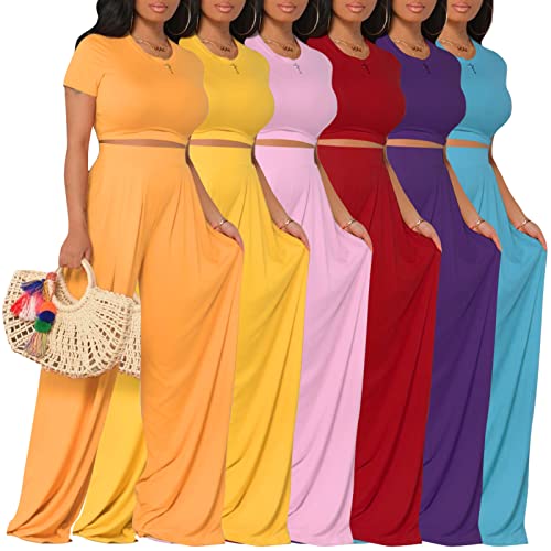 Image of Casual Summer 2 Piece Outfits for Women Crop Top High Waist Pants Sets
