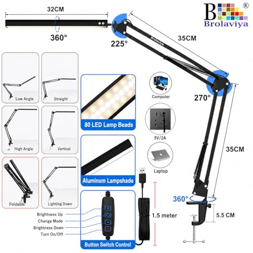 Image of BROLAVIYA Overhead LED Desk Lamp Light with Metal arm Stand,3 Lighting Modes,360 Degree Spin for Home Office,Desktop,Bedroom,Reading, Study lamp etc