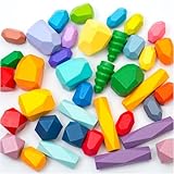 KINOKOSAY 38 PCS Wooden Sorting Stacking Stones Rock Colorful Montessori Balancing Blocks Educational Learning Sensory STEM Toy for Kids 3 4 5 6 Boy and Girl Birthday Gifts