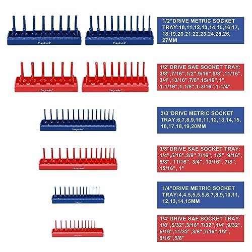 Image of Mayouko 8PCS 1 /4 inch, 3 /8 inch, 1 /2 inchDrive SAE & Metric ABS Socket Oganizer Set, Total 176 Posts, Deep & Shallow Socket Storage for Toolboxes, Socket Holder Tray for Drawer