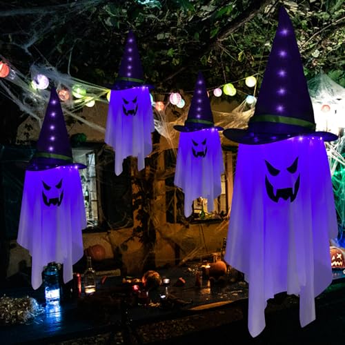Jsdoin Decorazioni di Halloween Appeso Fantasma Illuminato Volante Fantasma Tristo Mietitore Cranio Catene Fantasma Bianco Fantasma Mago Cappello per Giardino Cortile Festa di Halloween Porta Prato