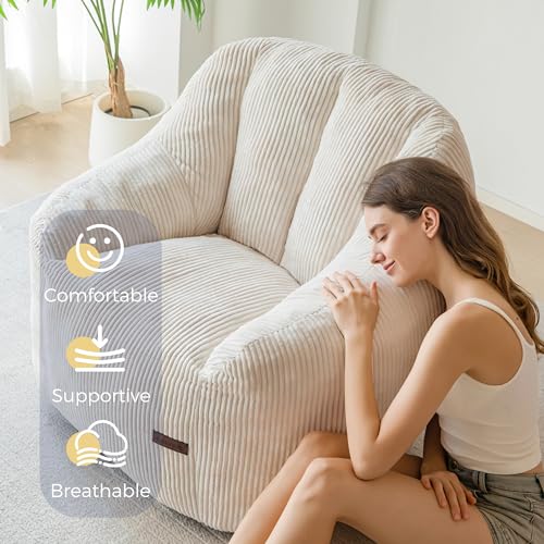 Image of MAXYOYO Bean Bag Chair, Bean Bag Sofa with Filler, Cozy Living Room Chair for Adults and Kids, Stuffed Floor Sofa for Bedroom Dorm Reading, Beige