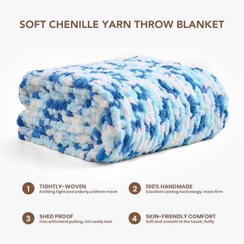 Image of L'AGRATY Chunky Knit Throw Blanket for Couch, 60 x 80 Inches, Blue White