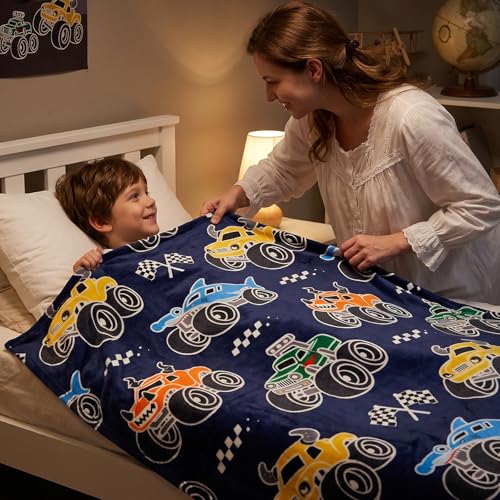 Image of GEULAY Construction Tractor Blanket for Kids, Cars Truck Theme Decor Fleece Throws for Couch, Birthday Gifts for Boys Age 3-12, Glow in the Dark Blankets for Boys Teens, 50x60 inches