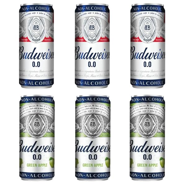 Budweiser 0.0 Non Alcoholic Beer Can - 3 and Non Alcoholic Green Apple Can -3 (6 Cans x 330 ml)