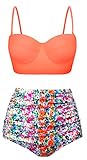 Aixy Women Vintage Swimsuits Bikinis Bathing Suits Retro High Waisted Polka Underwired,Orange+floral,US 8-10=Tag Size XL