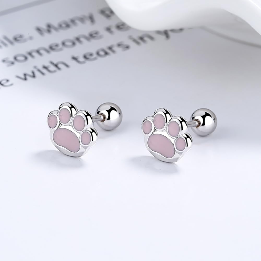Pendientes de tuerca de plata de ley 925 con diseño de huella de cachorro de perro y gato de 18 g, aretes de cartílago pequeños, aretes de hélice, tragus, joyería hipoalergénica para mujeres y niñas
