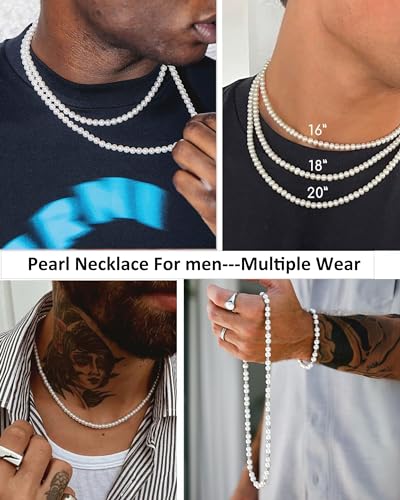 Pearl Necklace for Men Layered Cuban Link Cross Necklaces Mens Stainless Steel Chain Faux Pearl Choker Compass Pendant 3PCS Necklaces Set for Men Women Jewelry Gift3