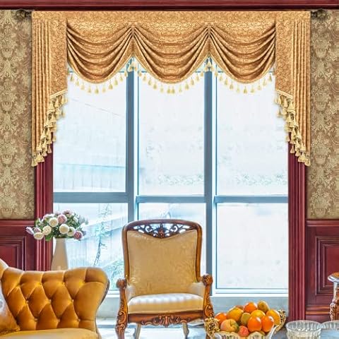 Loom and Mill Luxury Waterfall Valance for Living Room, Golden Floral Jacquard Swag Valances with Tassels, Swag Curtains for Bedroom Windows Banquet Christmas Decor, Rod Pocket(W79Inch,1 Panel) Cover