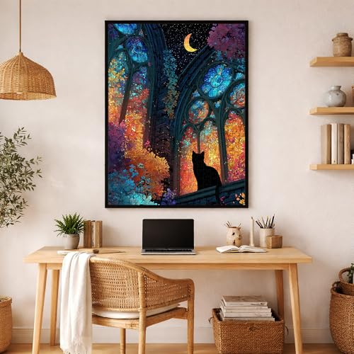 Rompecabezas de 1000 piezas para adultos: Gato negro bajo la luz de la luna, arte fantástico | Encaje seguro, superficie mate antideslumbrante, cartón grueso. Guía de clasificación A–F, póster y acabado enmarcable incluidos miniatura 2