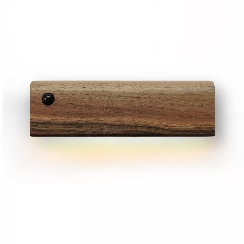 Lámpara de pared LED de madera interior con interruptor y detector de movimiento, luz blanca cálida de 3000 K, batería moderna, recargable por USB, lámpara de pared con imán de iluminación interior