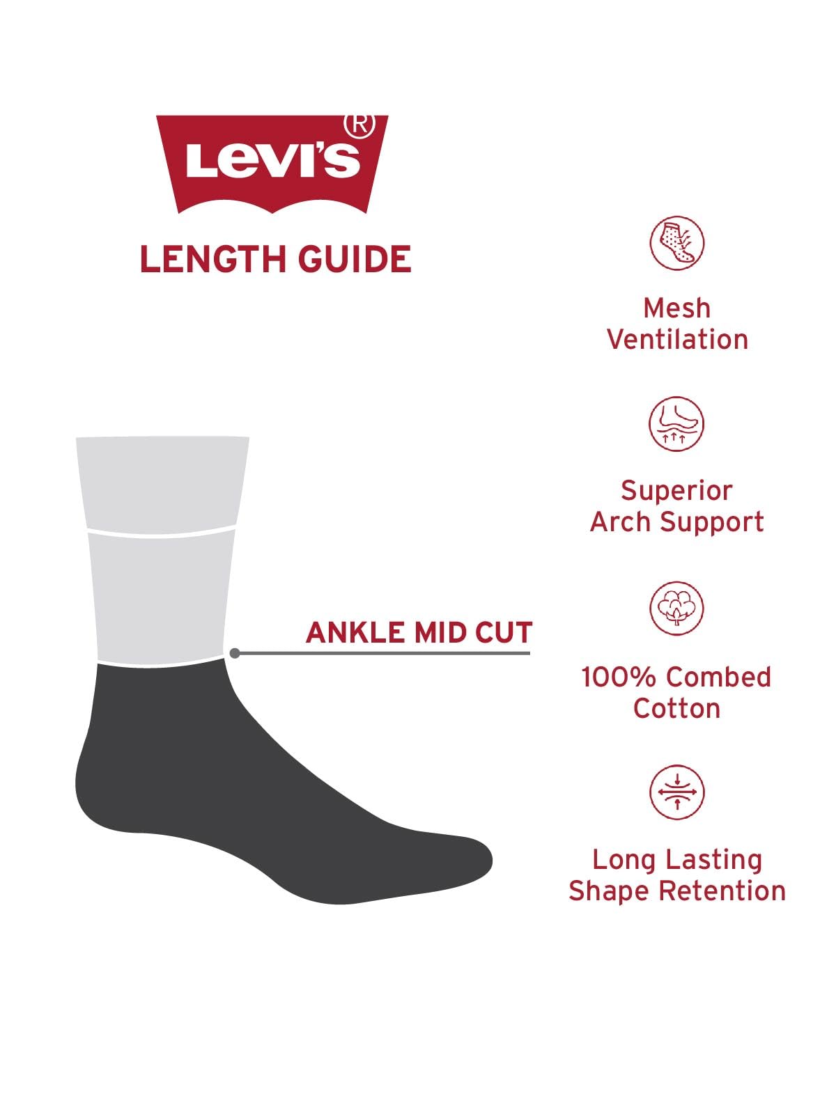 Levi's LS203 Men's Cotton Stretch Mid Cut Non Terry Socks (Pack of 3) 1