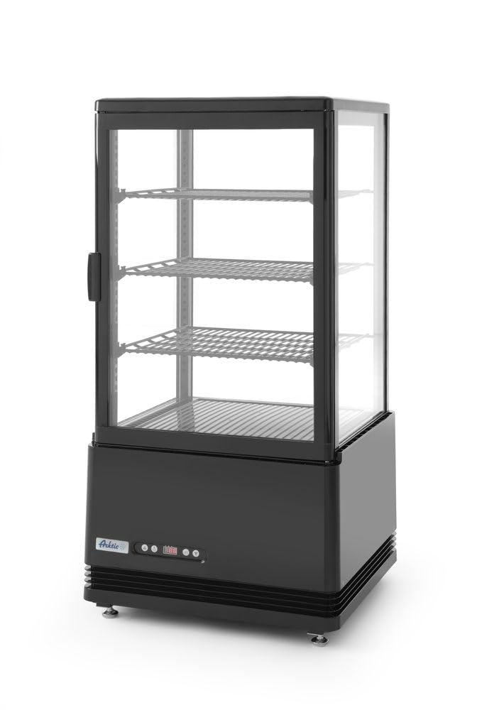 HENDI Vetrina da Esposizione Refrigerata, Sbrinamento Automatico, Sistema Antifog, 3 Ripiani, Illuminazione LED, Classe Energetica C, 68L, 230V, 170W, 452x406x(H)891mm, Nero, ABS, Doppio Vetro