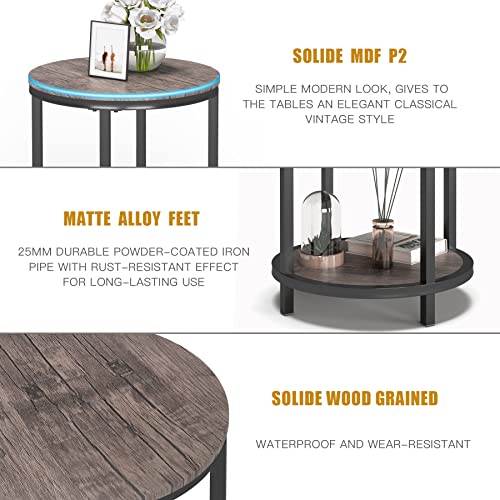 NSdirect Round Side Table,16in Rustic Wooden End Table Surface Top & Sturdy Metal Legs Nightstand for Living Room Bedroom Farmhouse Sofa Table with Storage Open Shelf,Light Walnut - Thumbnail 6