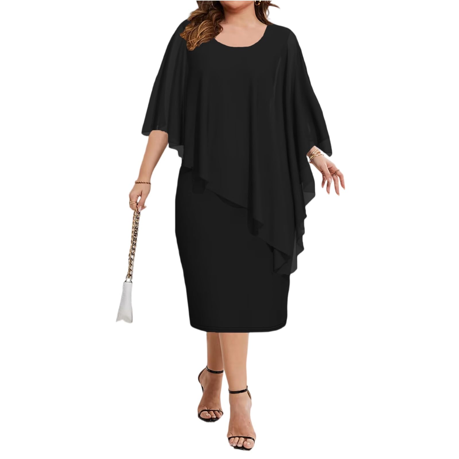 Abendkleider für Hochzeit Damen Große Größen Chiffon Kleid Hochzeitsgast Damen Midi Etuikleid Elegant Festliche Kleider Für Mollige Frauen Chiffon Abschlusskleider Ballkleider mit Ärmel Partykleid