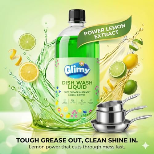 Image of GLIMY Dish Wash Liquid Pack of 2 x 900 ml| Glycerin Enriched | Coconut Based Surfactant | Powerful Grease Cutting | Safe on Hands | Kitchen Utensil Cleaner | Lemon Fragrance | Baby Safe