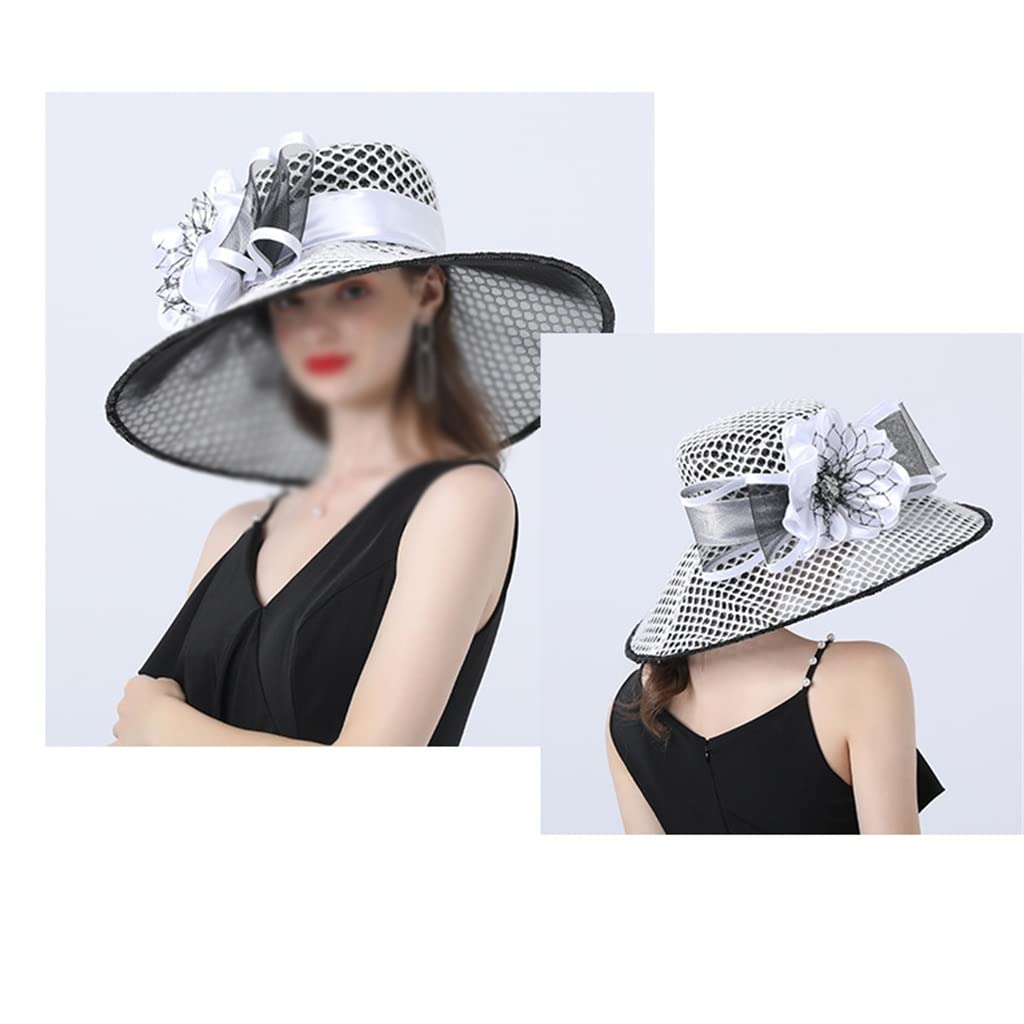 Cappello a Tesa Larga da Donna con Decorazione Floreale in Rete, Parasole e Comodo Cappello per Adulti