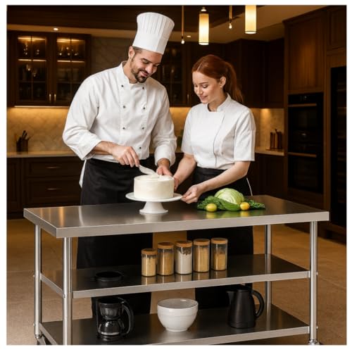 Image of Stainless Steel Table with Wheels for Food Preparation and Work, Multi-Size Optional, Three-Layer Variable Two-Layer Metal Commercial Workbench Outdoor, Restaurant, Kitchen (60 inch Lx32 Wx34 H)