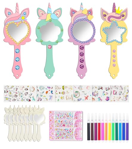 Einhörner Basteln, 22 Stück Kindergeburtstag Einhorn Holzspiegel für Kinder, DIY Holz Bastelset Geburtstagsdeko, Handgemachter Spiegel Unvollendeter handgemalter Spiegel, Geschenk für ein Mädchen