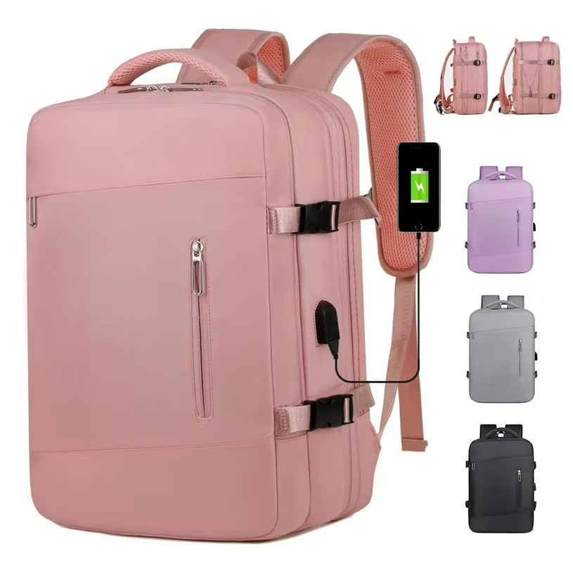 Laptop Backpack Extra Large Expandable with USB Charging Port, Business Travel, Oxford Waterproof, Multiple Pockets, Cabin Bag, Pink,