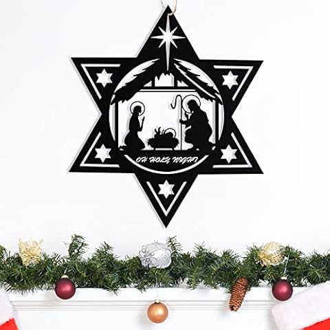 2022 Metal Wall Art, Holy Family Small Manger Scene Silent Night Christmas for indoor Wall Decor (Six-pointed star) Cover