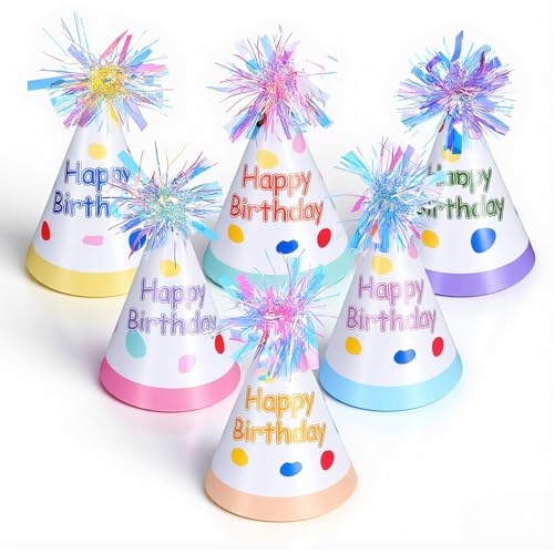 Gemoioio 6Pcs Happy Birthday Hat Birthday Hats Adults with Colorful holographic Pom Poms Cone Birthdays Party Hat for Women Men Photo Props Party Celebration Supplies Decorations