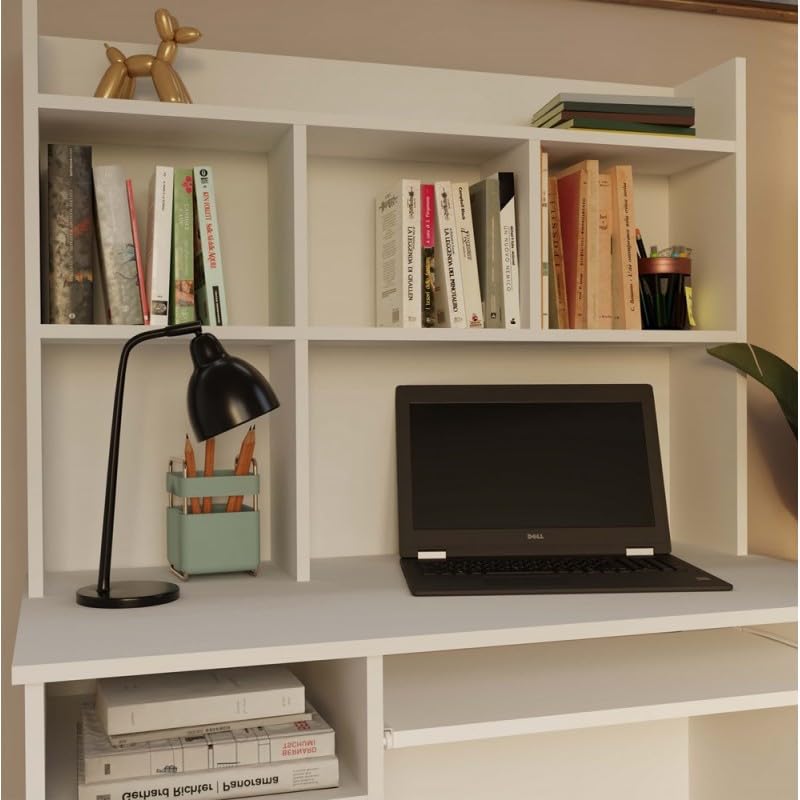 CDF Schreibtisch mit Aufsatz Porto Computertisch Arbeitstisch mit Regal Schublade Schrank Tastaturauszug Home Office Links 98 x 51 x 145 cm - Weiß