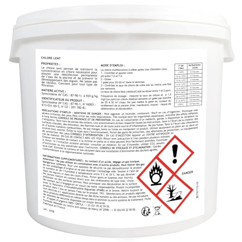 Chlorine Galets Lent 250g Haute Teneur - Eau Clorée Duré - Seau de 5kg - Efficace Contre Les Bactéries - Fabriqué en Fra